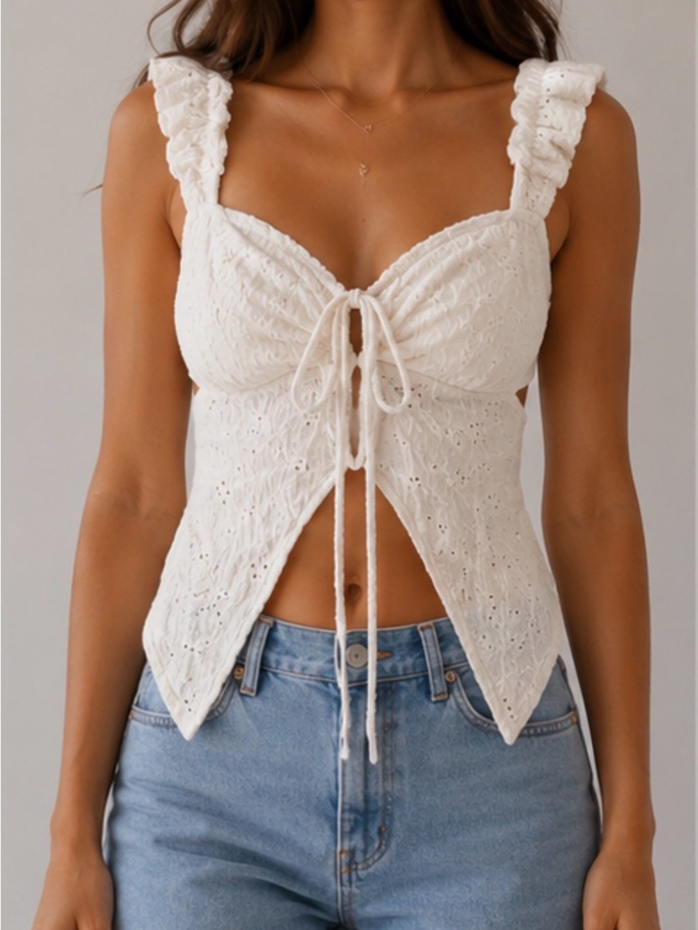 Women’s White Eyelet Tie-Front Tank Top